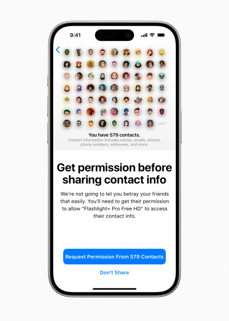 Newer model iPhone mockup. At the top of the screen is a grid of contact pictures and the text “You have 579 contacts. Contact information includes names, emails, photos, phone numbers, addresses and more”.

In the lower half of the screen, there is a header “Get permission before sharing contact info” with the text “We're not going to let you betray your friends that easily. You'll need to get their permission to allow ‘Flashlight+ Pro Free HD’ to access their contact info.”

At the bottom are two buttons: “Request Permission From 579 Contacts” and “Don’t Share”
